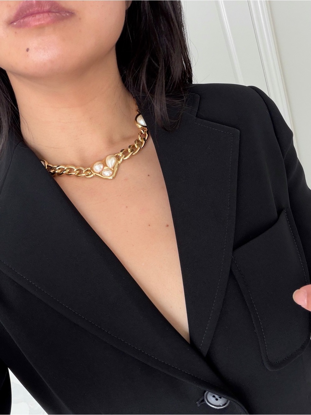 Vintage Gold Chunky Chain Necklace with Pearl Heart Accents (One of a Kind)